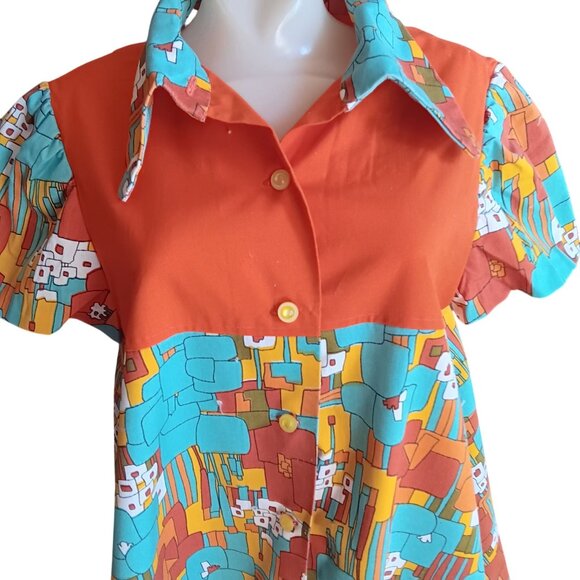 M/L 1OF1 Vintage 1960's Max Abstract Print Frock Top Dress Dayglo Orange Mod - Picture 3 of 9